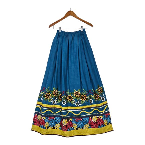 VTG Handmade Maxi Skirt OOAK Blue Multi Embroidered Rickrack Boho Hippie READ - Picture 1 of 16